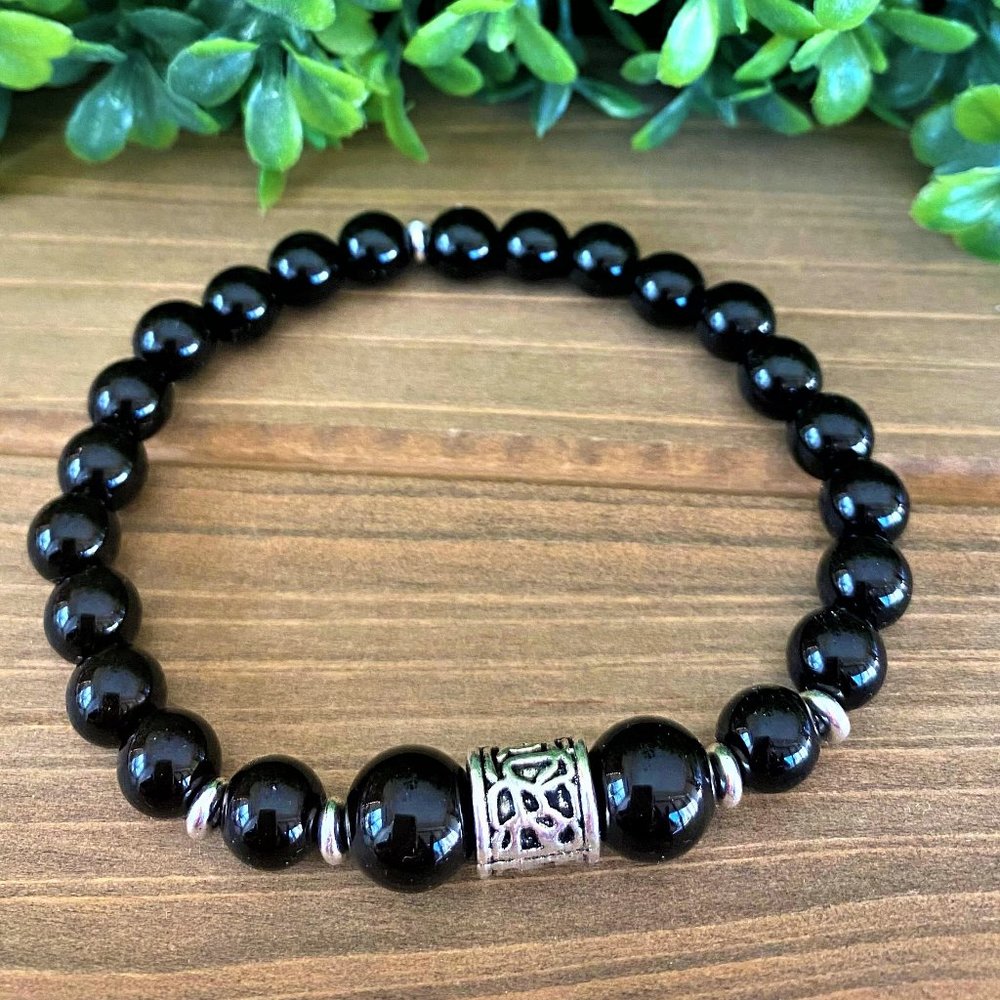 New Mens Black Agate ++ Beaded Bracelet